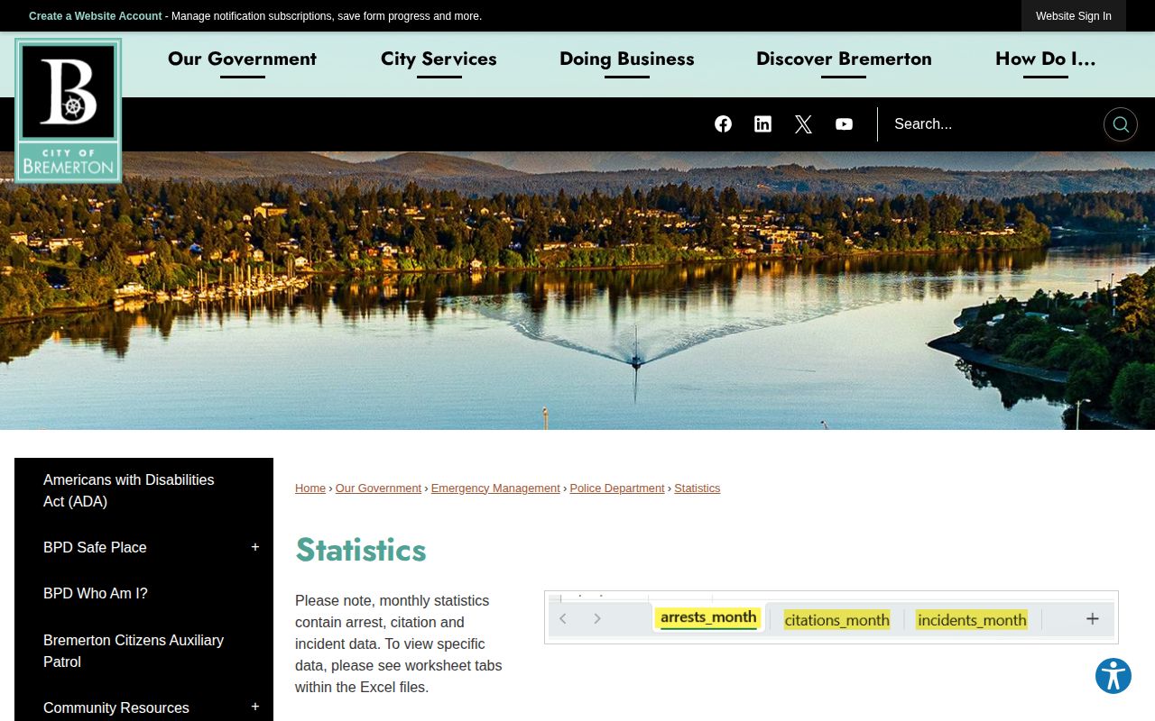 Bremerton Police Department aggregate arrest statistics page for booking-record context